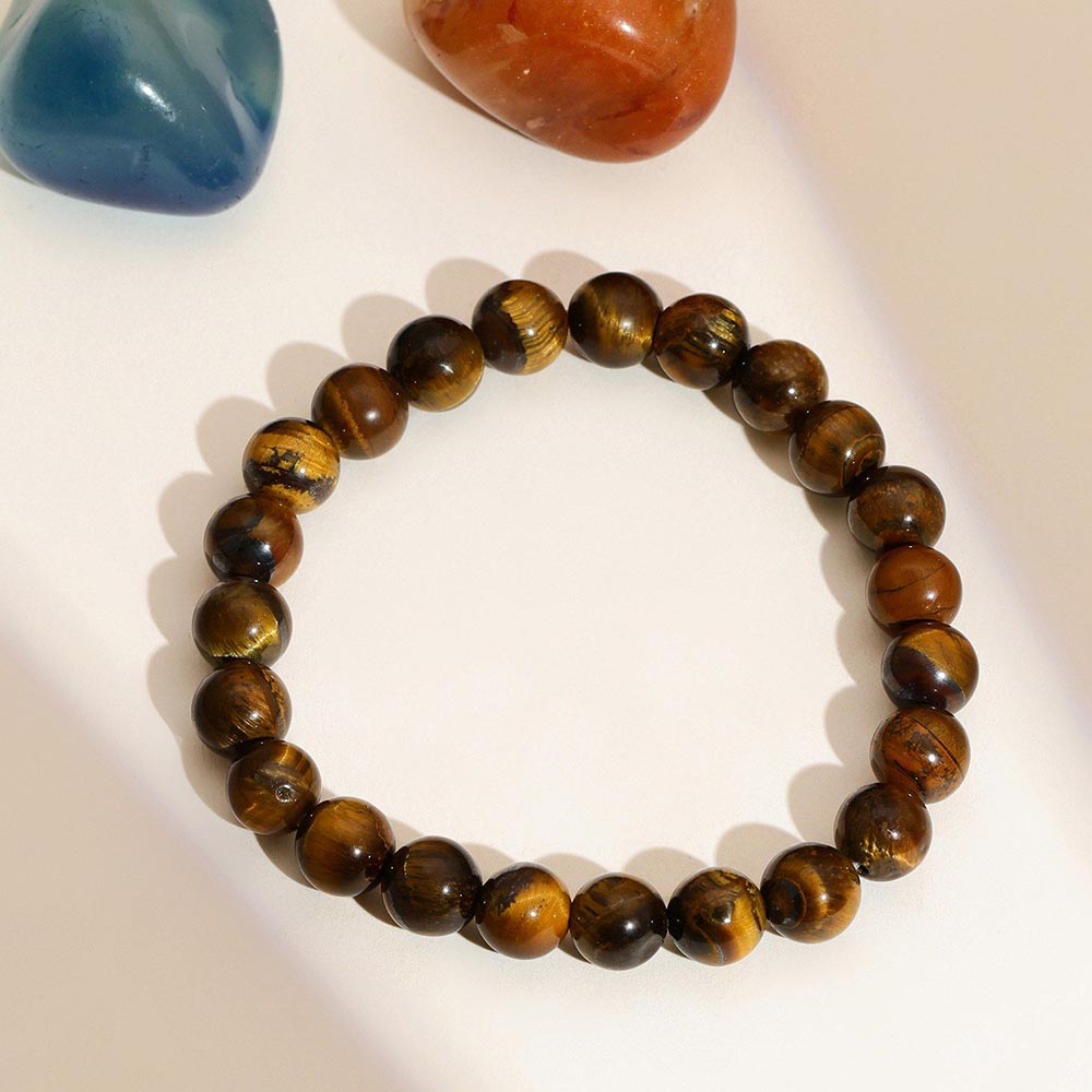 Ruby Raang Studio Tiger Eye Brown & Black Round Crystal Beads Elastic Bracelet -Brown