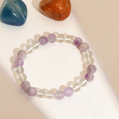 Ruby Raang Studio Clear Quartz & Amethyst White & Purple Beads Elastic Bracelet -Multi-Color