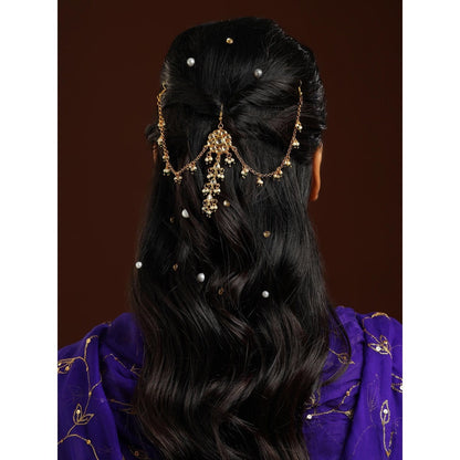 Ruby Raang Studio White Brass Gold Plated Kundan Hair Chain