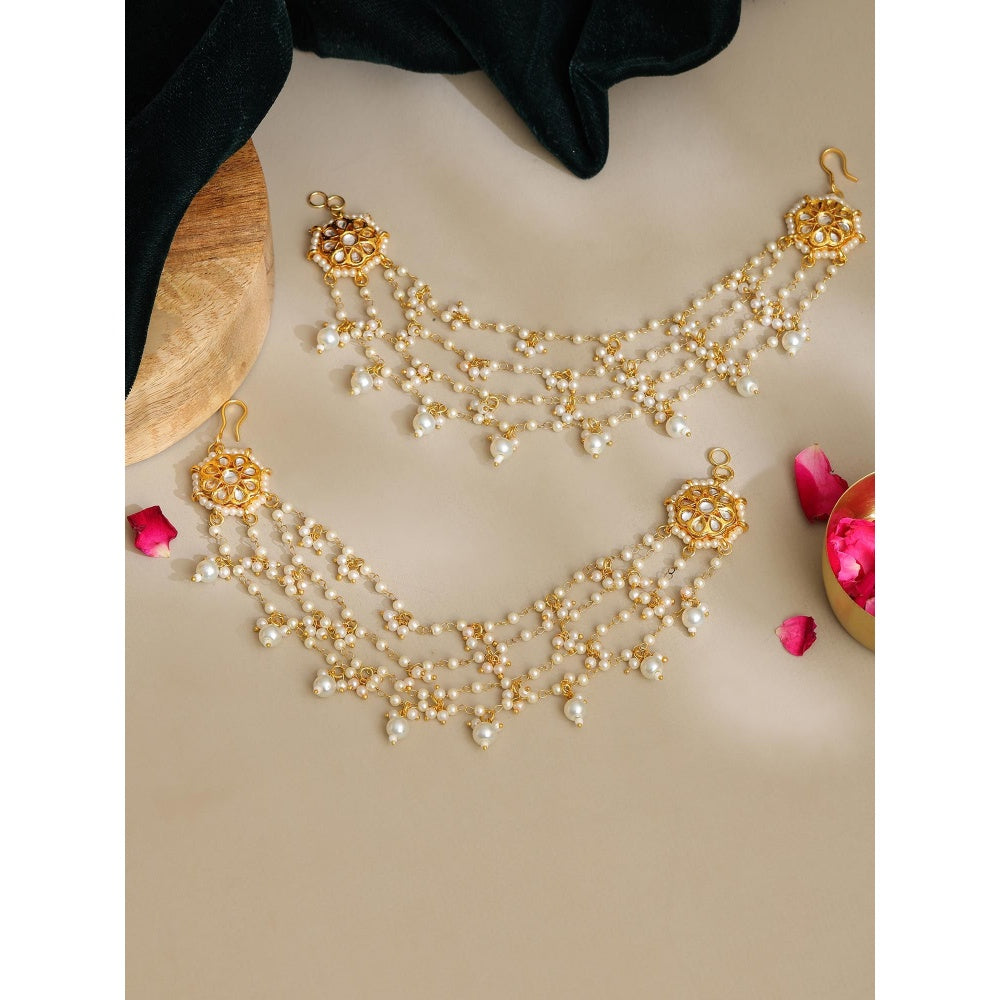 Ruby Raang Studio White Brass Gold Plated Pearl Pair Of Ear Chain