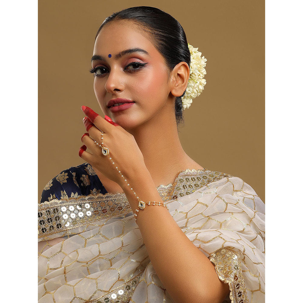 Ruby Raang Studio White Brass Gold Plated Kundan Hathphool