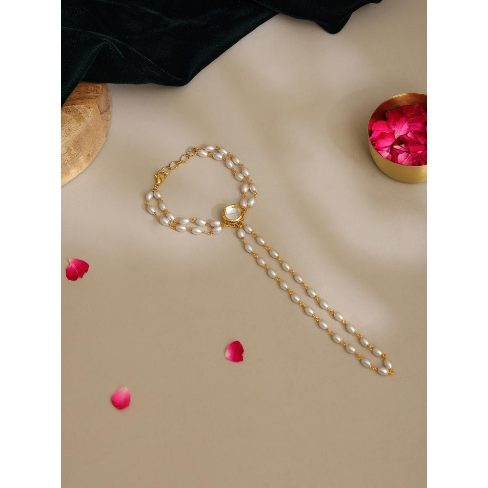 Ruby Raang Studio White Brass Gold Plated Kundan Hathphool