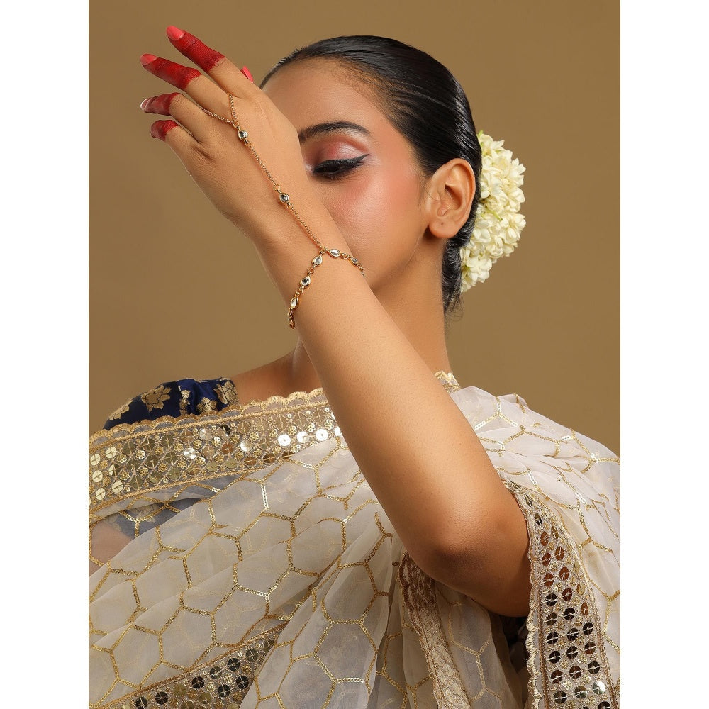 Ruby Raang Studio White Brass Gold Plated Kundan Hathphool