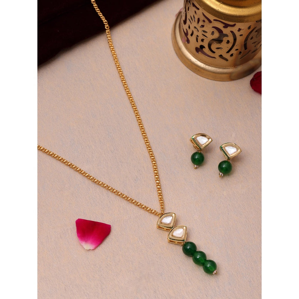 Ruby Raang Studio Green Brass Gold Plated Kundan Necklace with Pair Of Earrings