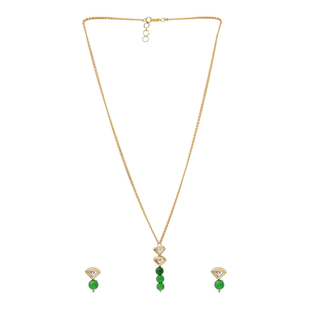Ruby Raang Studio Green Brass Gold Plated Kundan Necklace with Pair Of Earrings