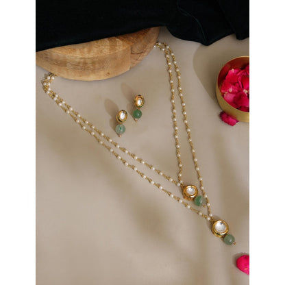 Ruby Raang Studio Green Brass Gold Plated Kundan Necklace with Pair Of Earrings
