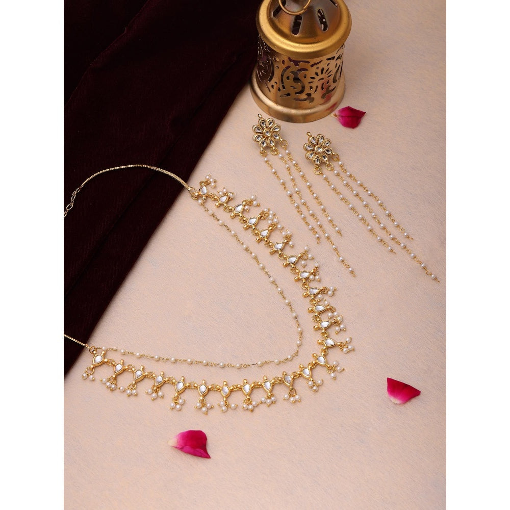 Ruby Raang Studio White Brass Gold Plated Kundan Necklace with Pair Of Earrings