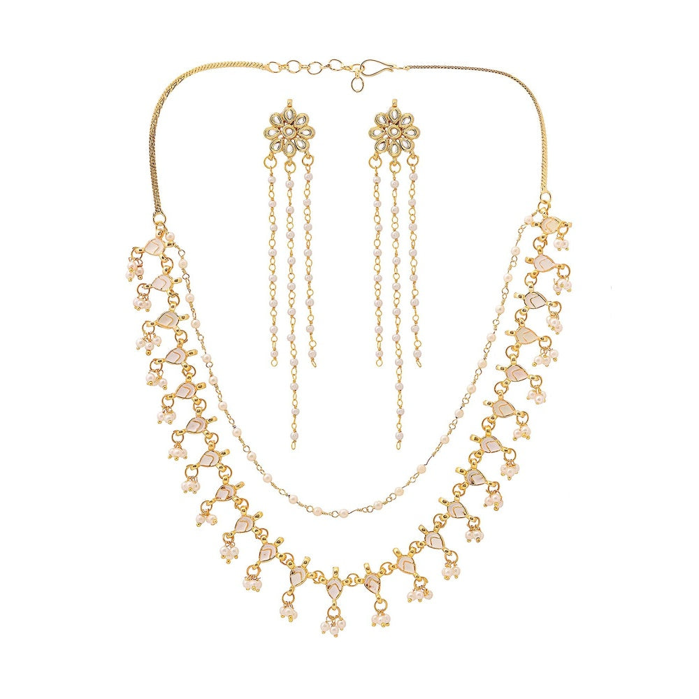 Ruby Raang Studio White Brass Gold Plated Kundan Necklace with Pair Of Earrings
