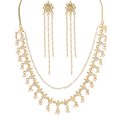 Ruby Raang Studio White Brass Gold Plated Kundan Necklace with Pair Of Earrings
