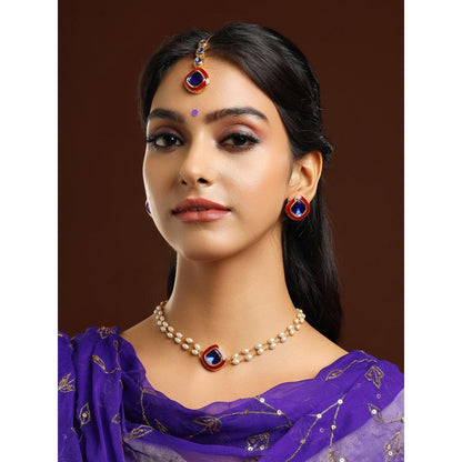 Ruby Raang Studio Blue Brass Gold Plated Kundan Necklace with Pair Of Earrings