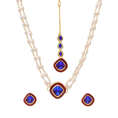 Ruby Raang Studio Blue Brass Gold Plated Kundan Necklace with Pair Of Earrings