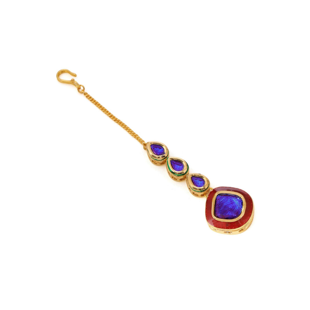 Ruby Raang Studio Blue Brass Gold Plated Kundan Necklace with Pair Of Earrings