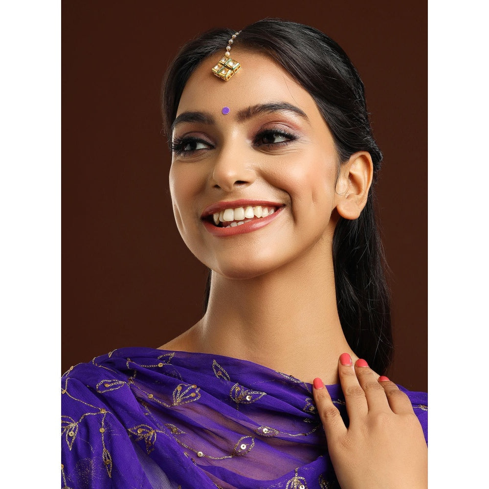 Ruby Raang Studio White Brass Gold Plated Kundan Maang Tikka