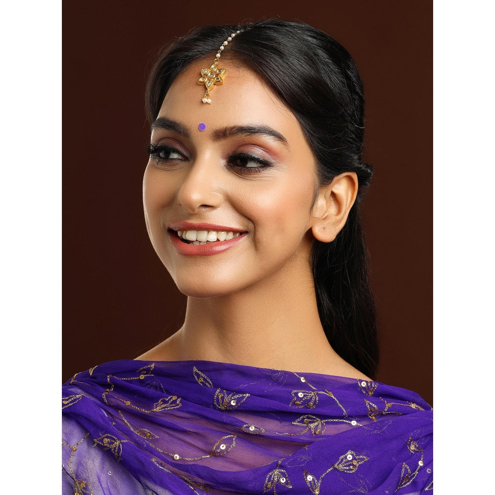 Ruby Raang Studio White Brass Gold Plated Kundan Maang Tikka