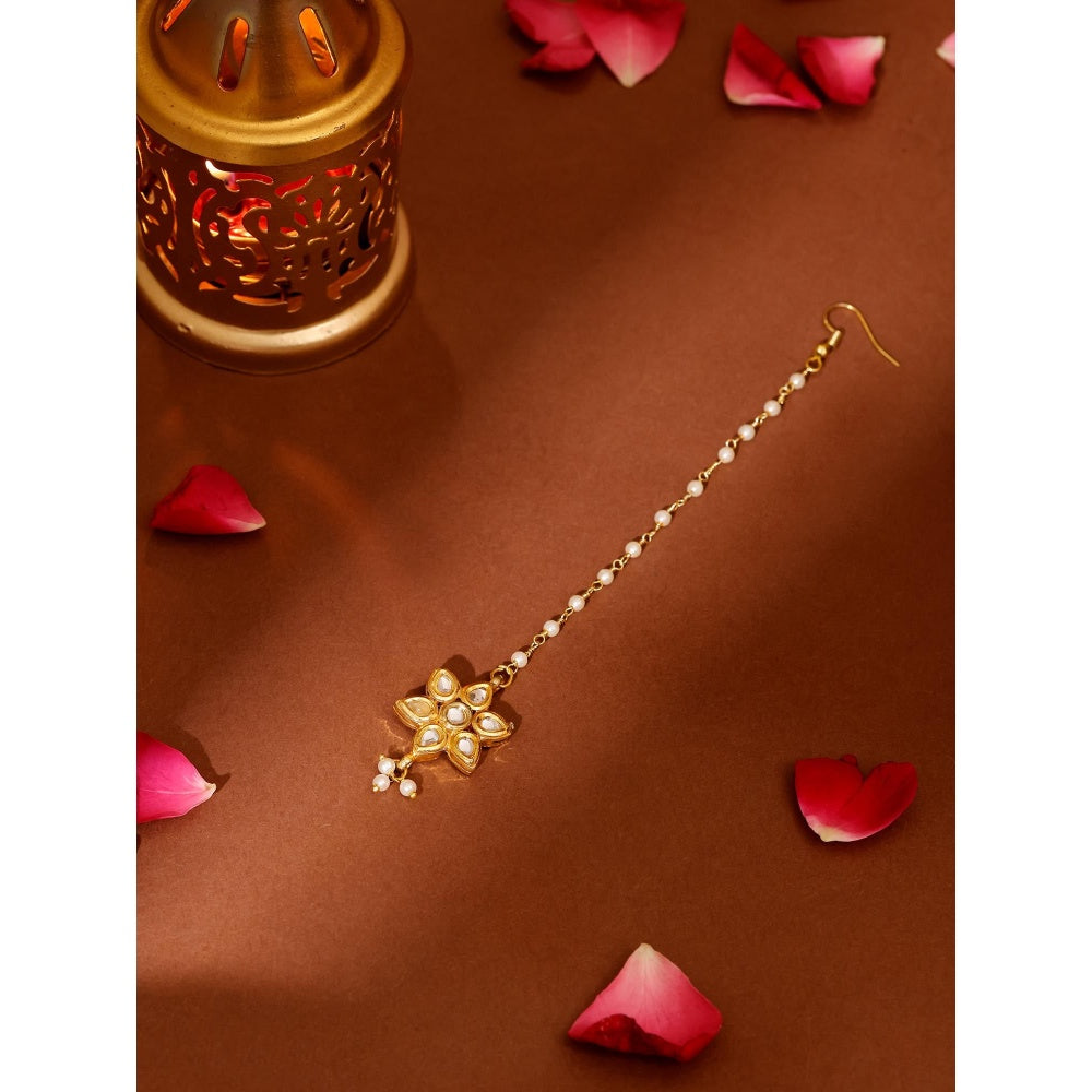 Ruby Raang Studio White Brass Gold Plated Kundan Maang Tikka