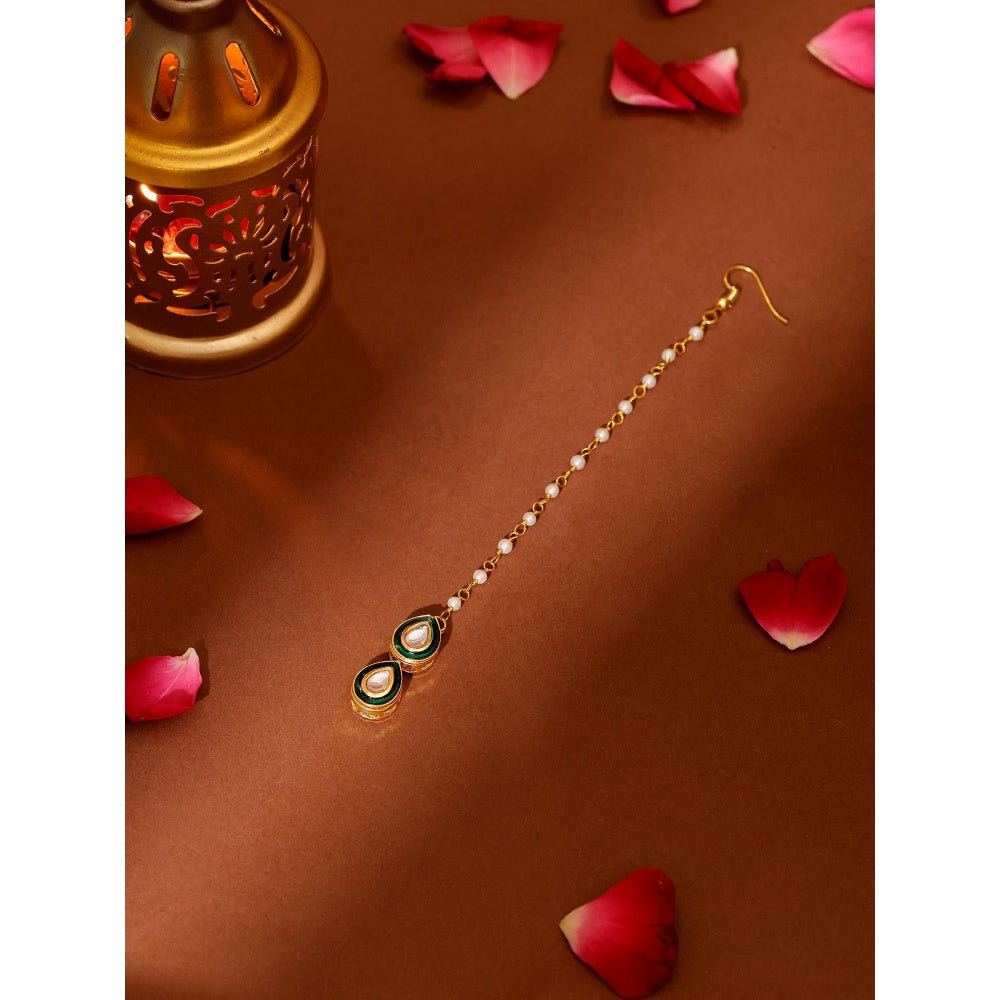 Ruby Raang Studio Green Brass Gold Plated Kundan Maang Tikka