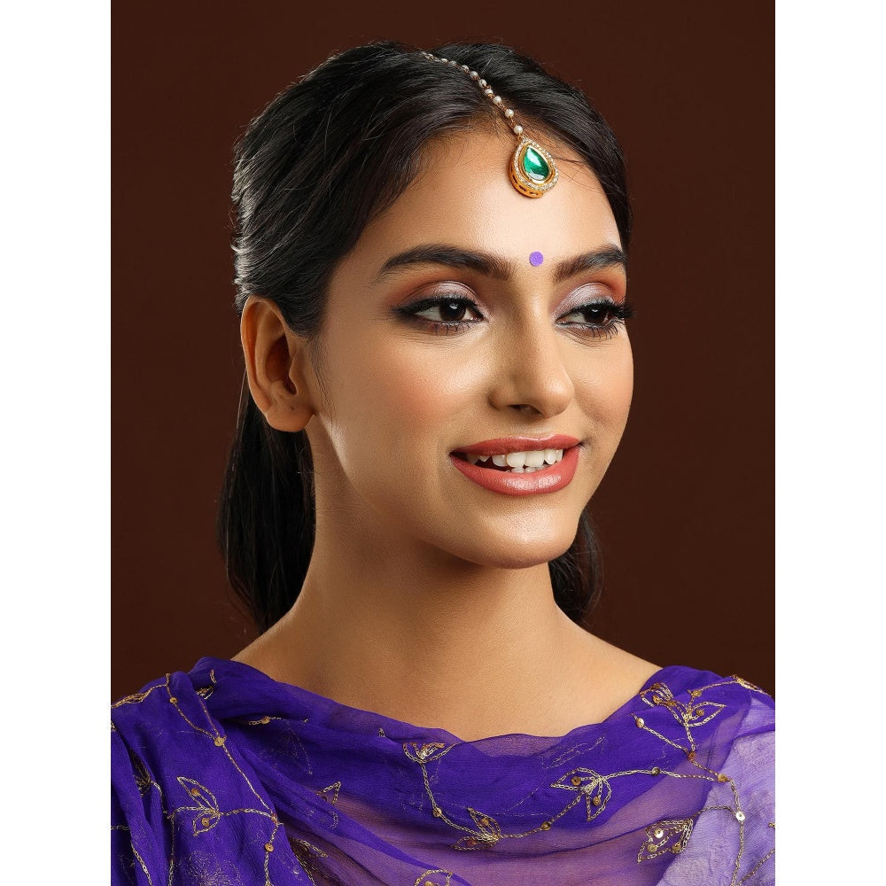 Ruby Raang Studio Green Brass Gold Plated Kundan Maang Tikka