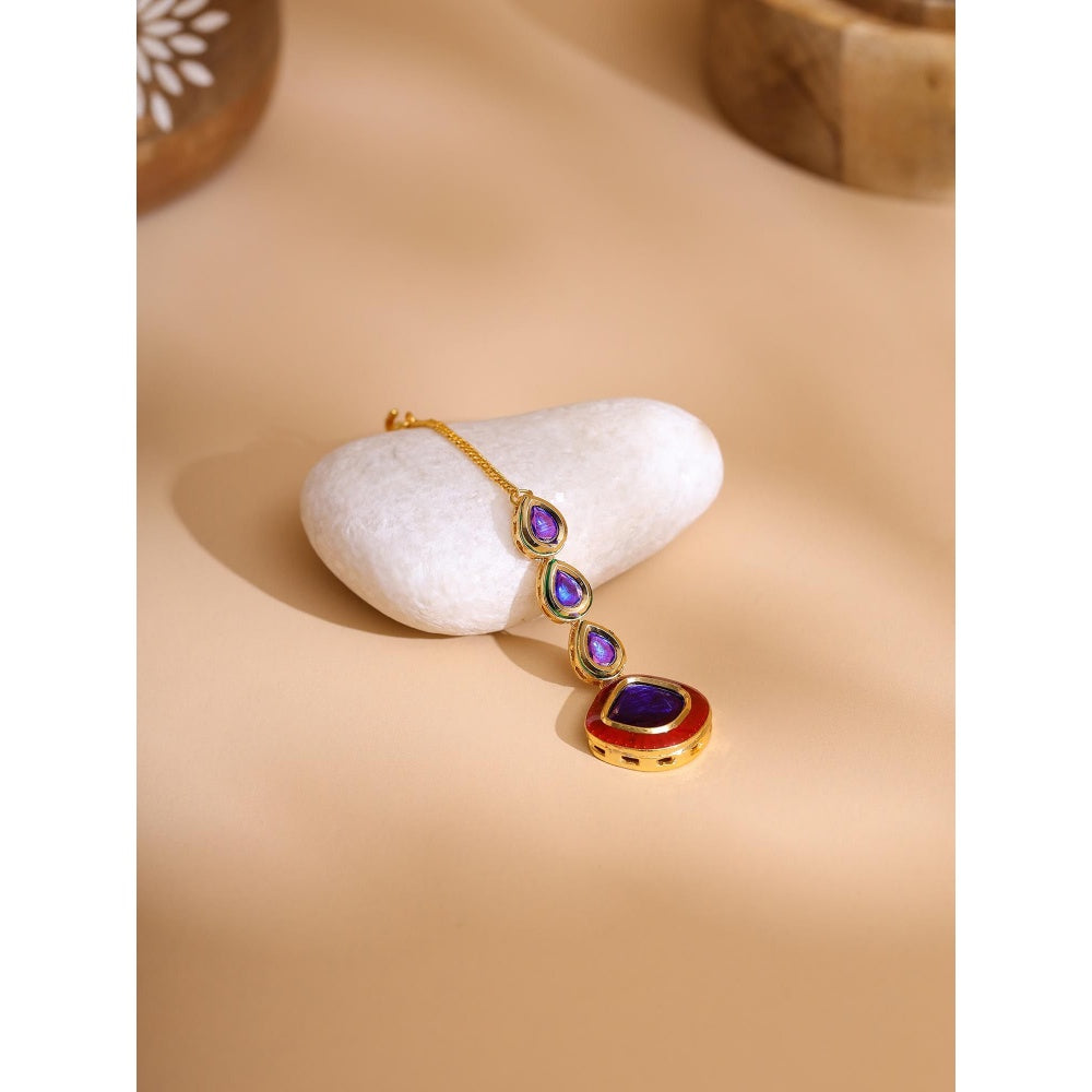 Ruby Raang Studio Blue Brass Gold Plated Kundan Maang Tikka