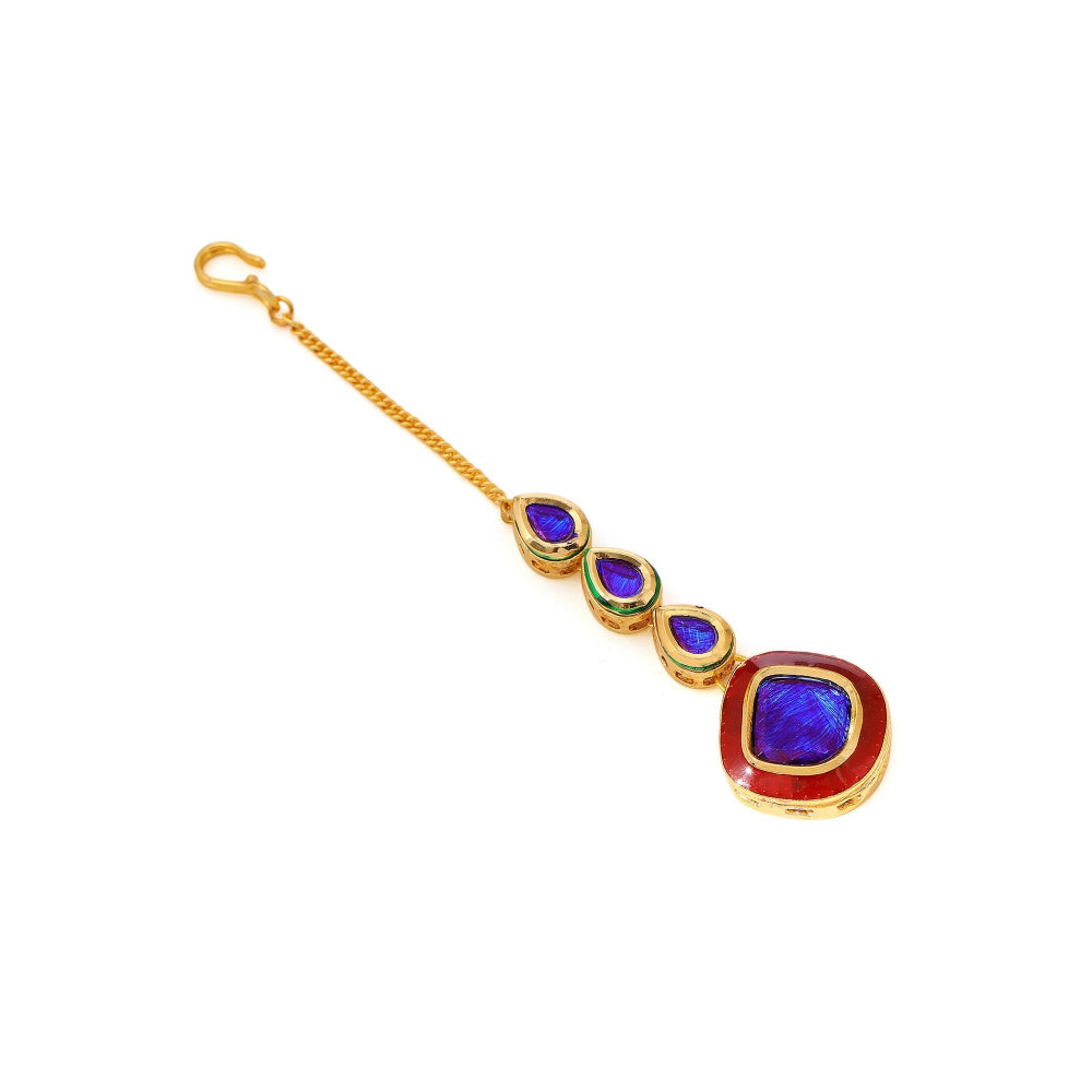 Ruby Raang Studio Blue Brass Gold Plated Kundan Maang Tikka