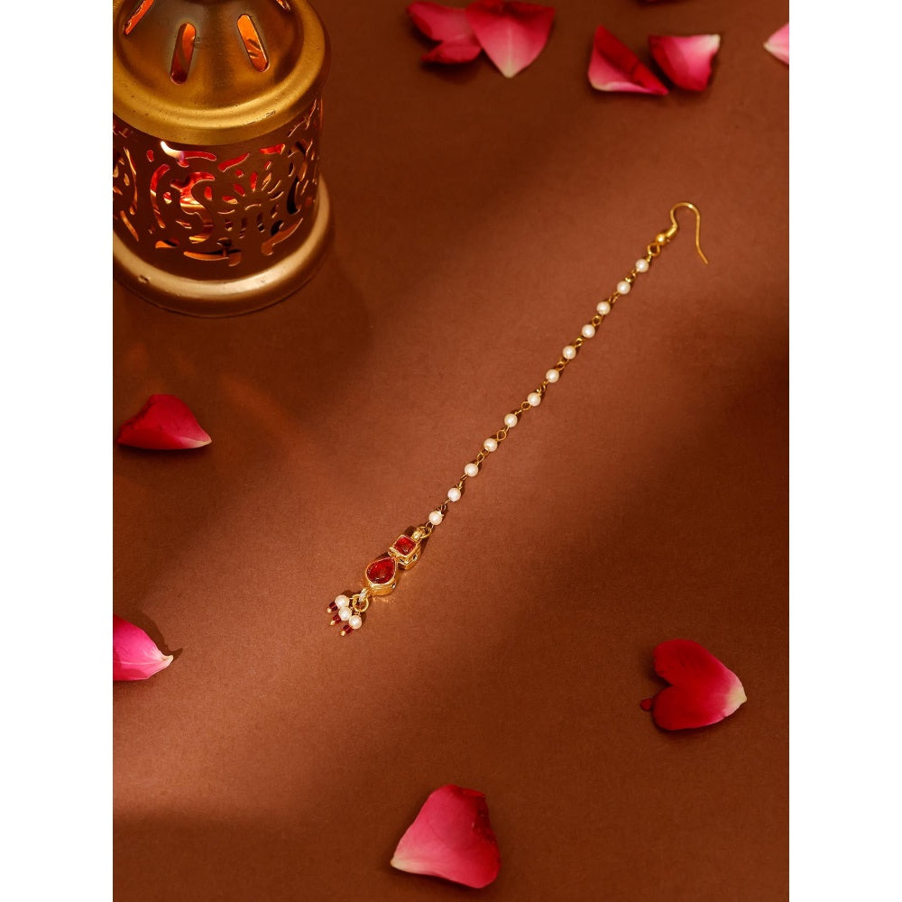 Ruby Raang Studio Red Brass Gold Plated Kundan Maang Tikka