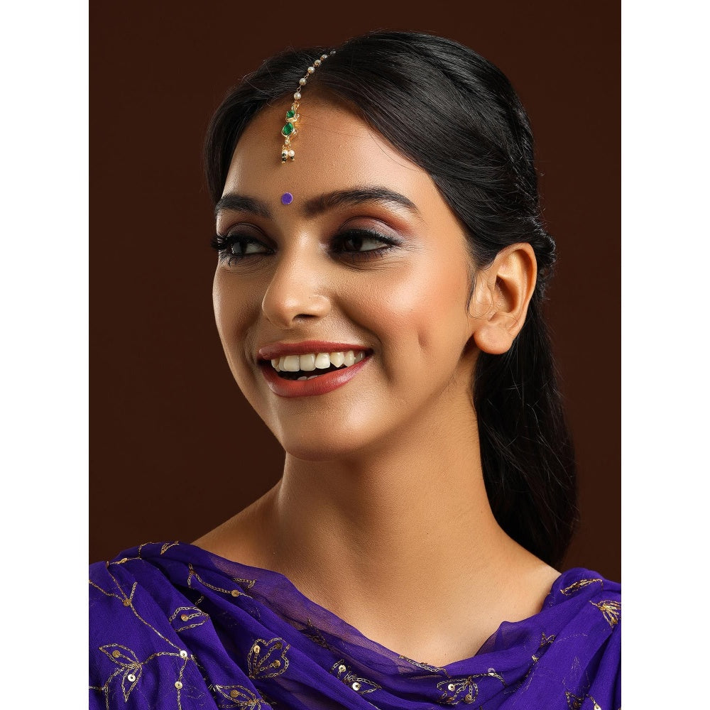 Ruby Raang Studio Green Brass Gold Plated Kundan Maang Tikka