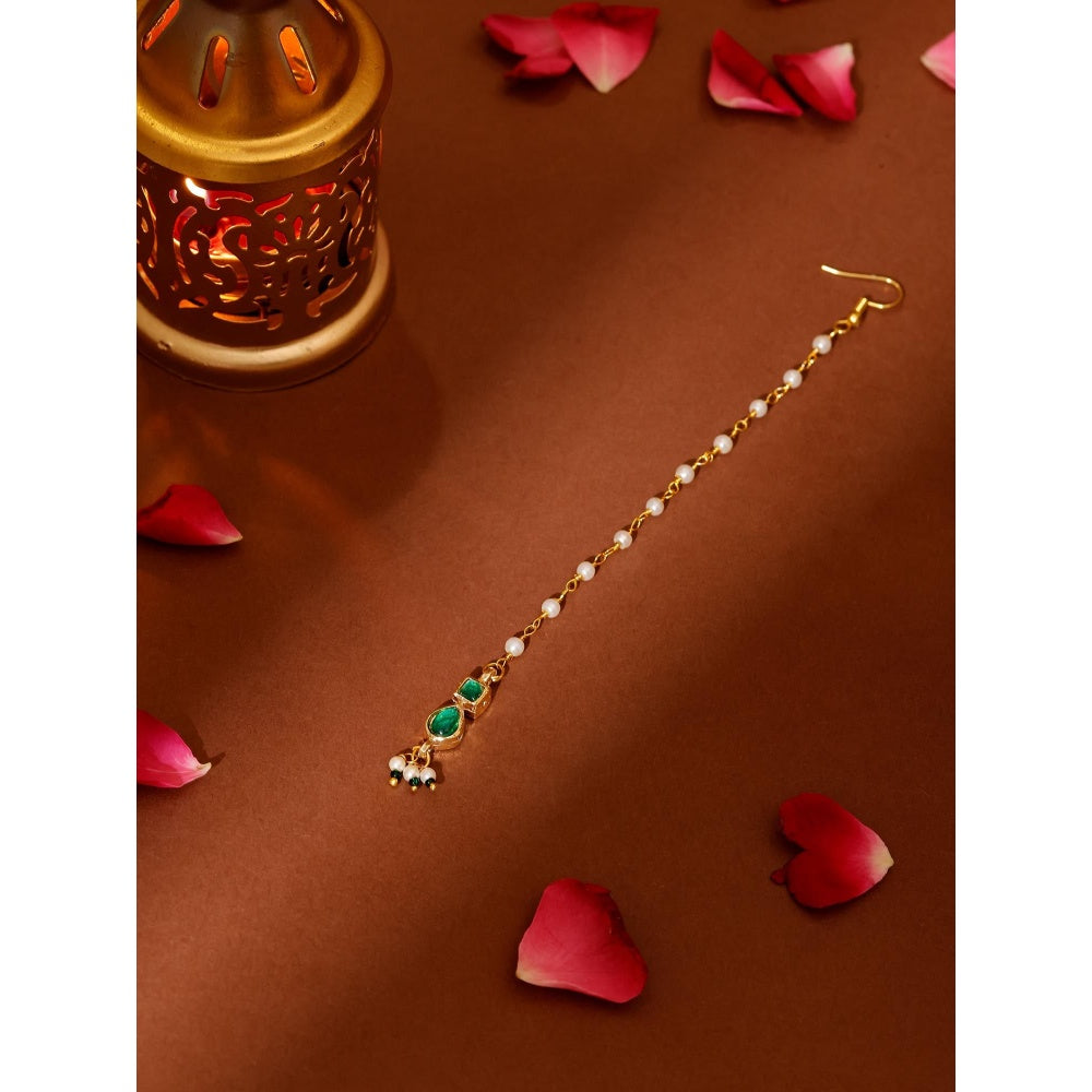 Ruby Raang Studio Green Brass Gold Plated Kundan Maang Tikka