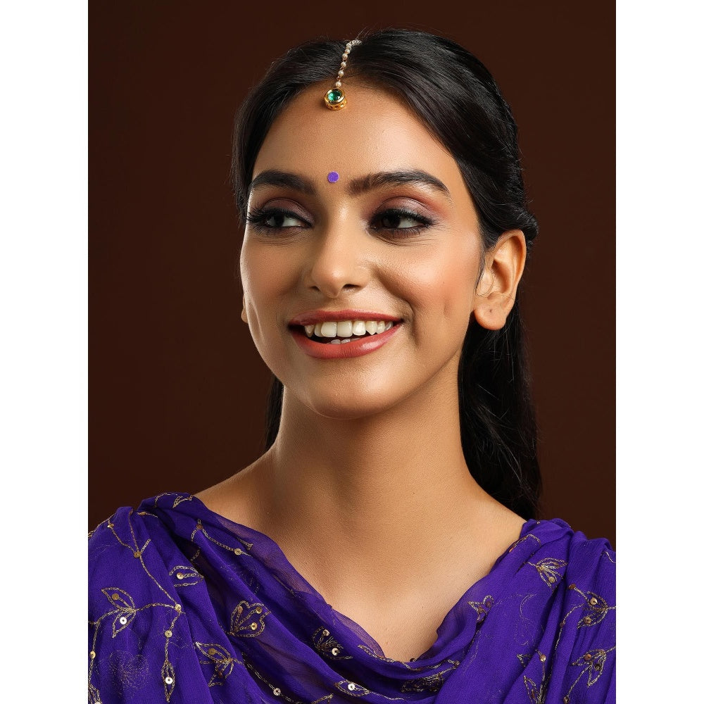 Ruby Raang Studio Green Brass Gold Plated Kundan Maang Tikka