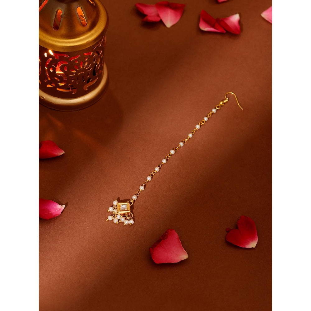 Ruby Raang Studio White Brass Gold Plated Kundan Maang Tikka