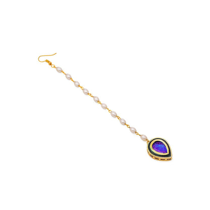 Ruby Raang Studio Blue Brass Gold Plated Kundan Maang Tikka