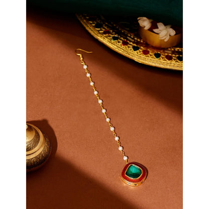 Ruby Raang Studio Green Brass Gold Plated Kundan Maang Tikka