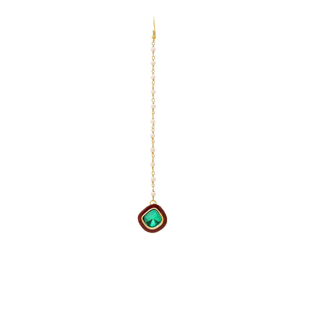 Ruby Raang Studio Green Brass Gold Plated Kundan Maang Tikka