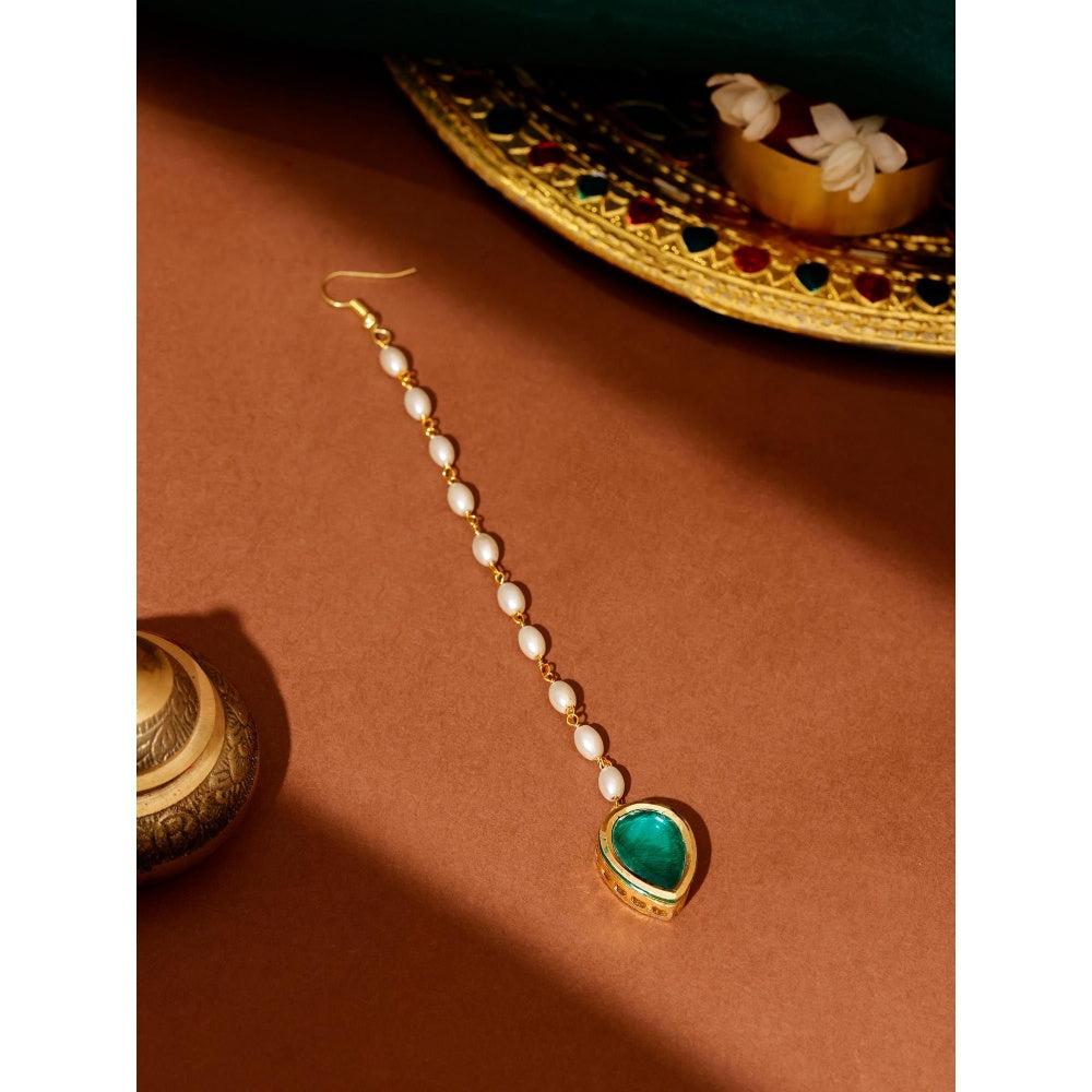 Ruby Raang Studio Green Brass Gold Plated Kundan Maang Tikka