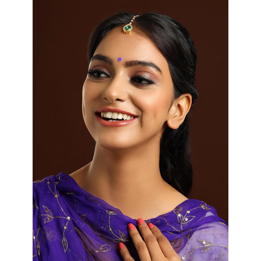 Ruby Raang Studio Green Brass Gold Plated Kundan Maang Tikka