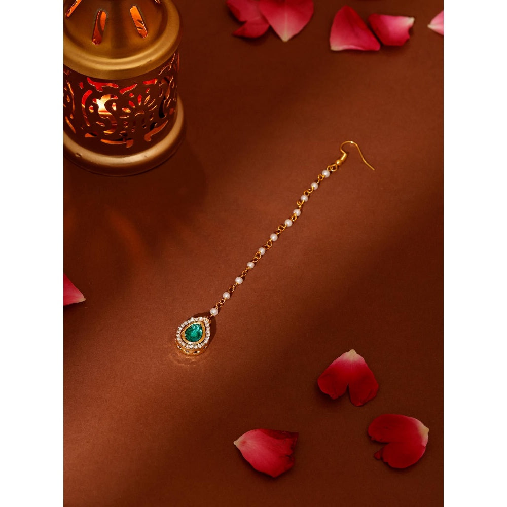 Ruby Raang Studio Green Brass Gold Plated Kundan Maang Tikka