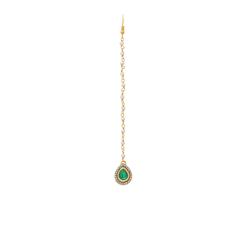 Ruby Raang Studio Green Brass Gold Plated Kundan Maang Tikka