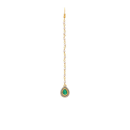 Ruby Raang Studio Green Brass Gold Plated Kundan Maang Tikka