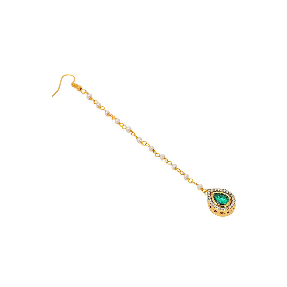Ruby Raang Studio Green Brass Gold Plated Kundan Maang Tikka