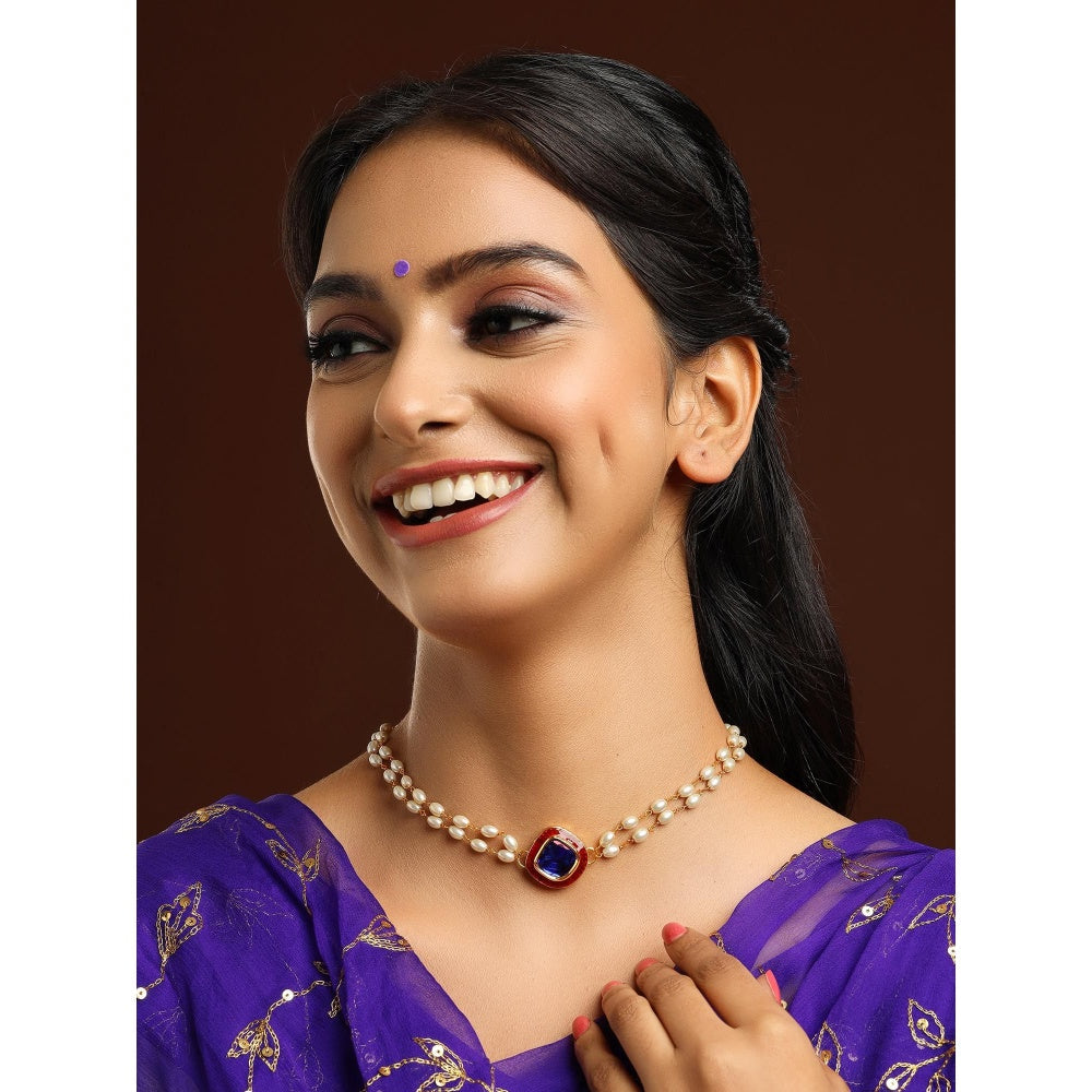 Ruby Raang Studio Blue Brass Gold Plated Kundan Necklace