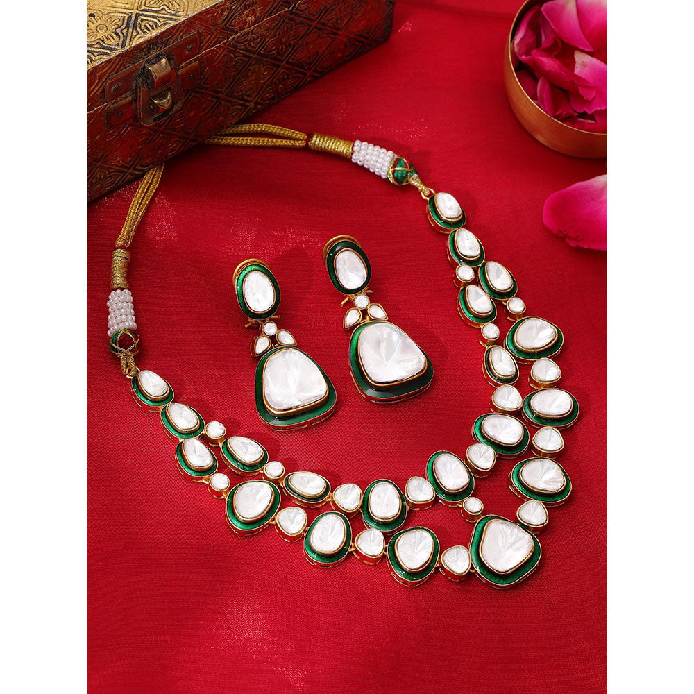 Ruby Raang Studio Green Meenakari Kundan Layered Jewellery Set