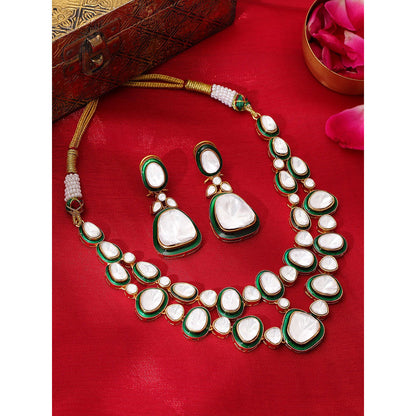 Ruby Raang Studio Green Meenakari Kundan Layered Jewellery Set