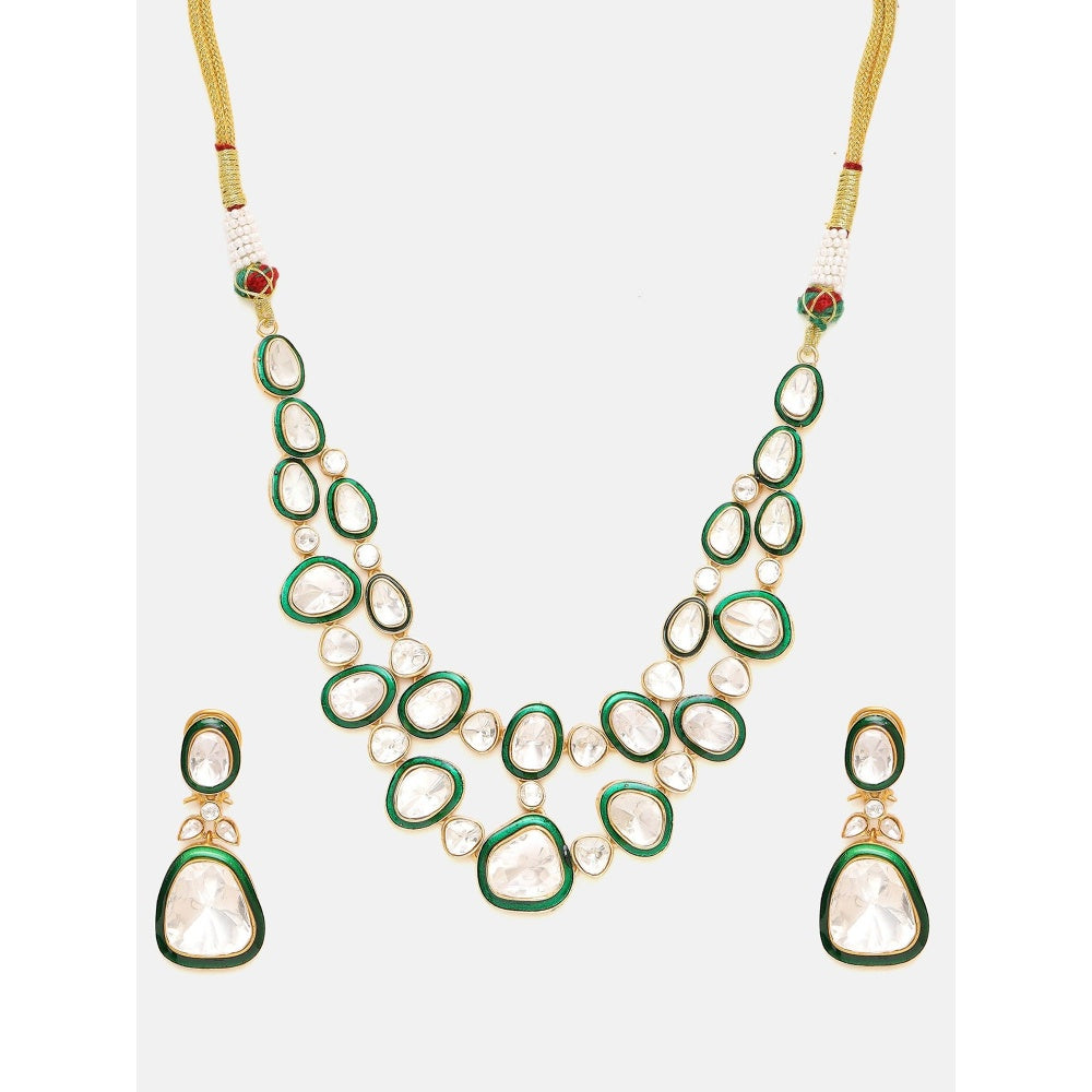 Ruby Raang Studio Green Meenakari Kundan Layered Jewellery Set