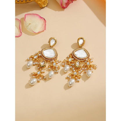 Ruby Raang Studio White Kundan Pearl Drop Earrings