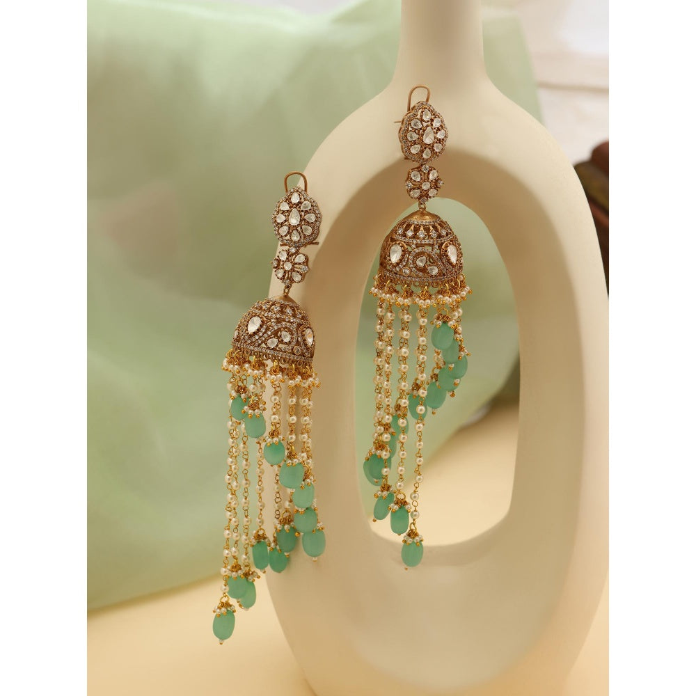 Ruby Raang Studio Mint Green Diamond and Stone Jhumka Earrings
