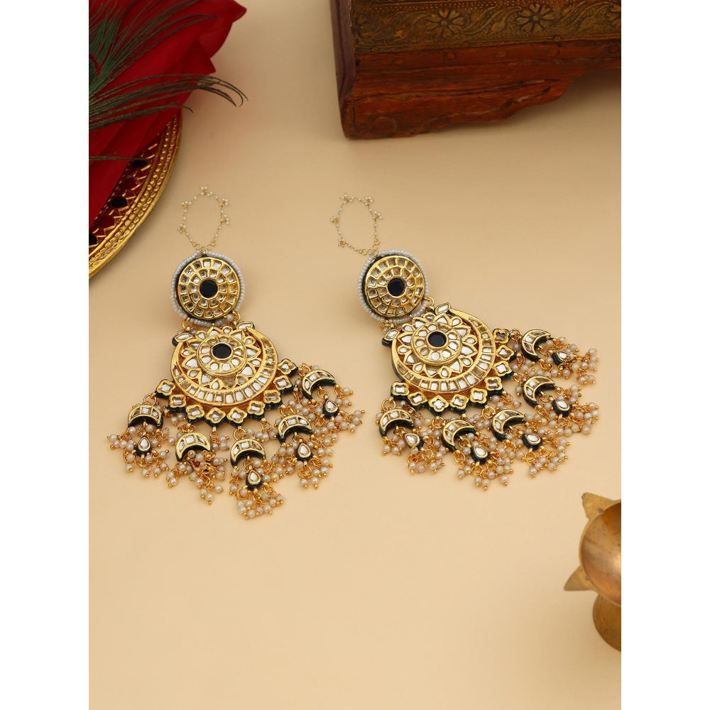 Ruby Raang Studio Navy Blue and White Kundan Attached Ear Chain Chandbali Earrings