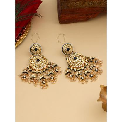 Ruby Raang Studio Navy Blue and White Kundan Attached Ear Chain Chandbali Earrings