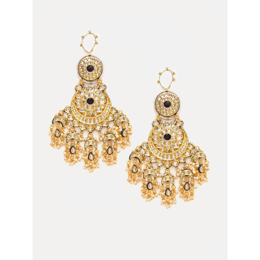 Ruby Raang Studio Navy Blue and White Kundan Attached Ear Chain Chandbali Earrings