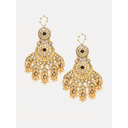Ruby Raang Studio Navy Blue and White Kundan Attached Ear Chain Chandbali Earrings