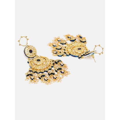 Ruby Raang Studio Navy Blue and White Kundan Attached Ear Chain Chandbali Earrings