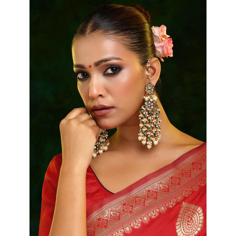 Ruby Raang Studio Green and White Kundan Attached Ear Chain Drop Earrings
