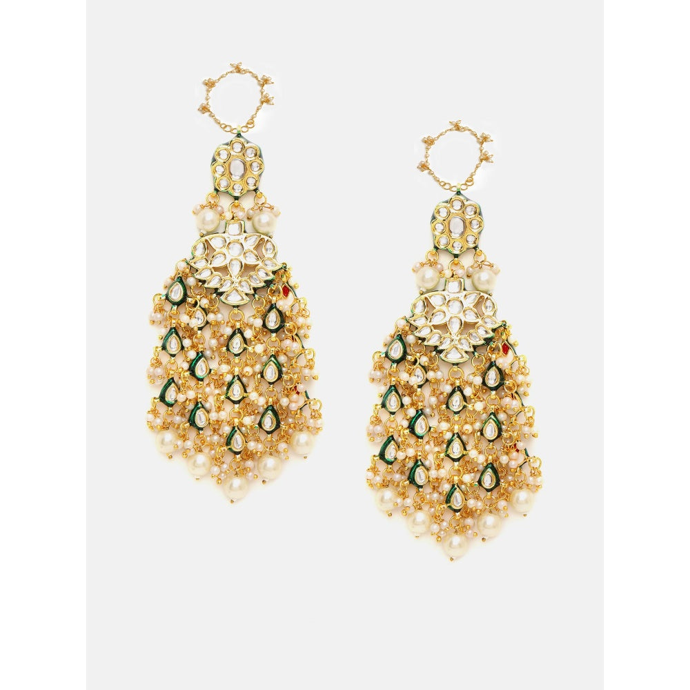 Ruby Raang Studio Green and White Kundan Attached Ear Chain Drop Earrings